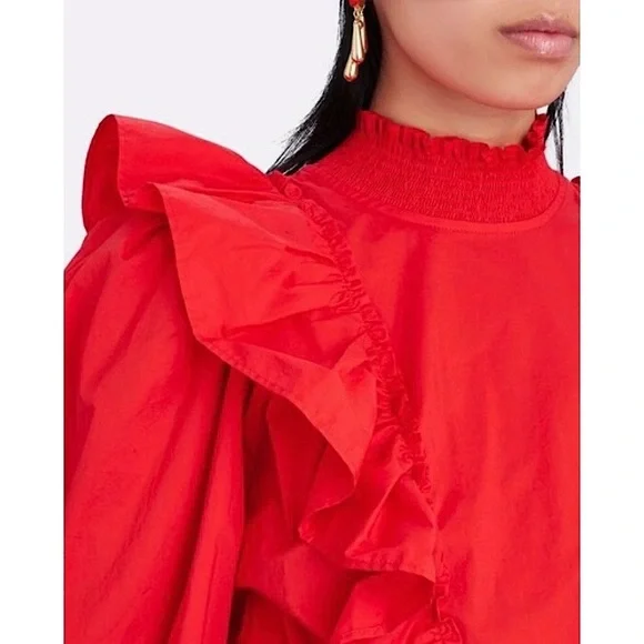 SEA NY Ruffled High Neck Puffed Long Sleeve Tied Open Back Cotton Peplum Top 8 - Picture 10 of 12